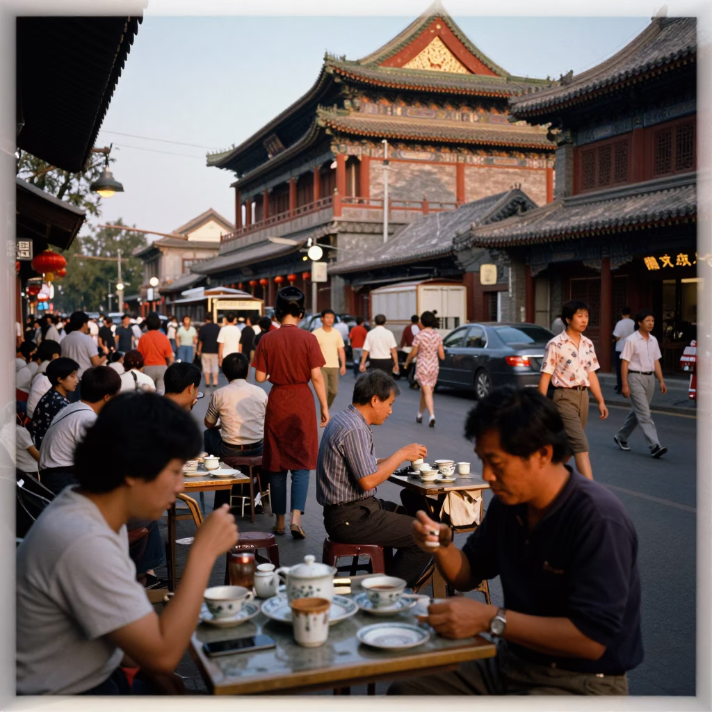 Busy 1980s Beijing Street Scene with Teacups and Evening Light in in Beijing, China