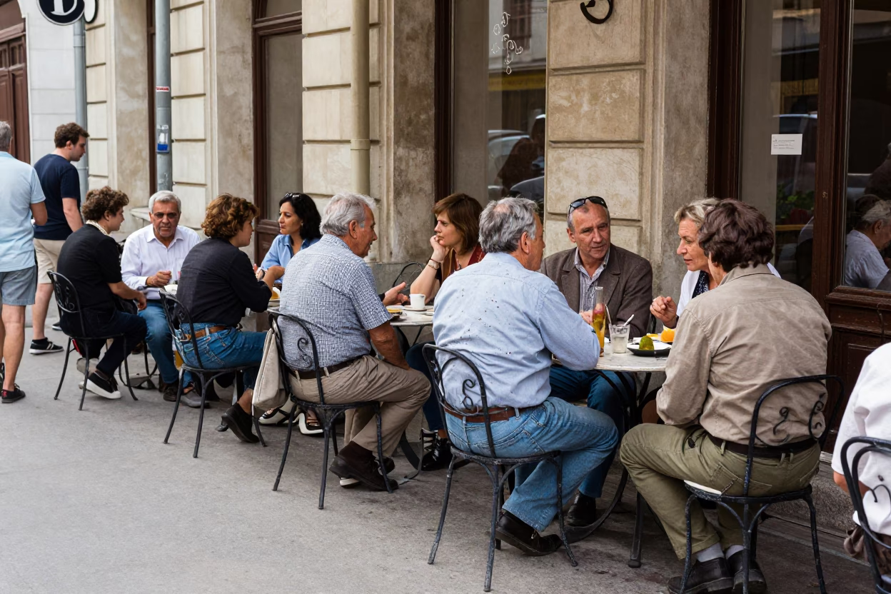 Busy 1980s Budapest street scene with chipped blue enamel bowls and bustling cafe culture in in Budapest, Hungary