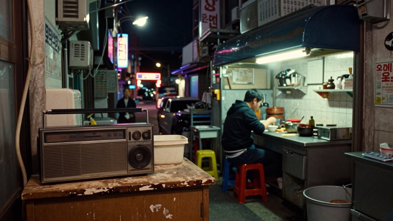 Busy 1980s Busan Alleyway Night Kitchen Scene with Vintage Radio in in Busan, South Korea