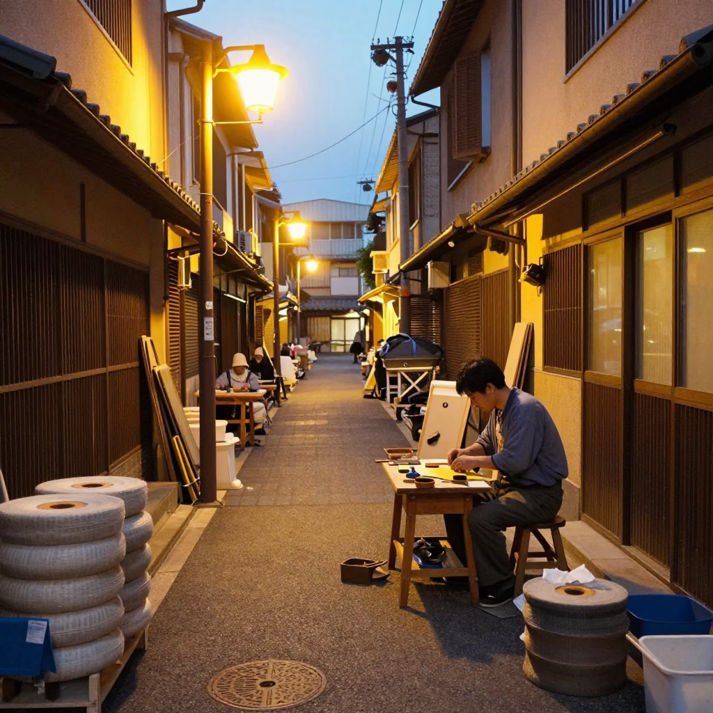 Busy 1980s Fukuoka Street Scene with Tool Rolls and Straight Razor at Evening in in Fukuoka, Japan