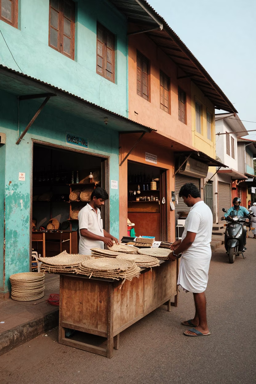 Busy 1980s Kochi Street Scene with Colorful Shopfronts and Local Commerce in in Kochi, India