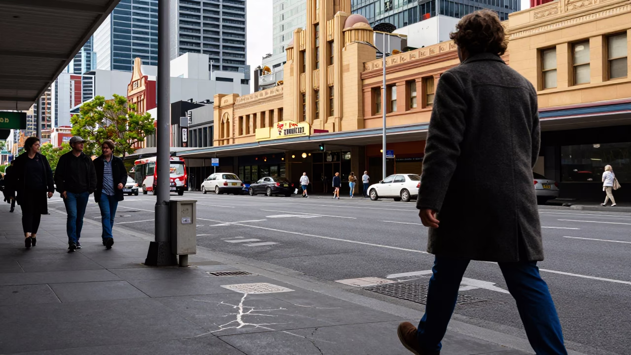 Busy 1980s Melbourne Street Scene with Art Deco Hotel Facade and Pedestrians in in Melbourne, Victoria, Australia