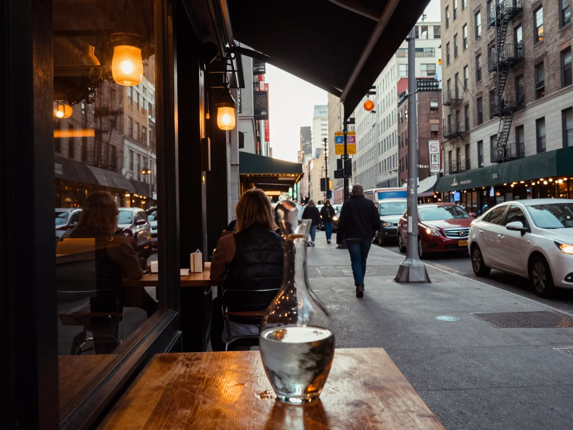 Busy 1980s New York City Street Scene with Decanter and Brooch in Evening Light in in New York, New York, United States