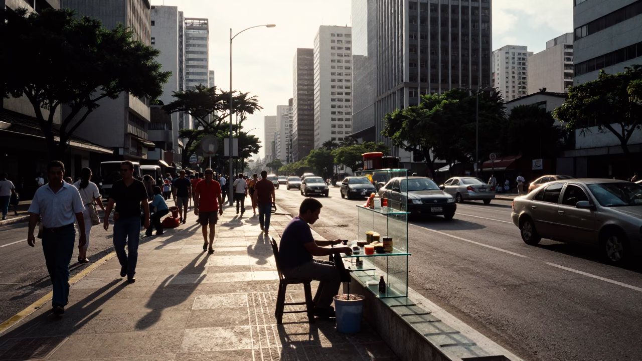 Busy 1980s São Paulo Street Scene with Clear Glass Shelf and Teacups in in São Paulo, Brazil