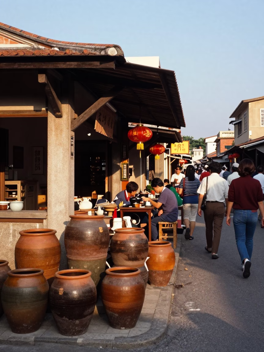Busy 1980s Tainan street scene with clay pots and late afternoon sunlight in in Tainan, Taiwan