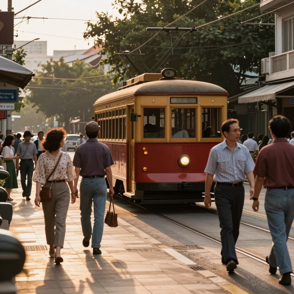 Busy 1980s Tainan Street Scene with Old Trolley and Twine Fibers in in Tainan, Taiwan