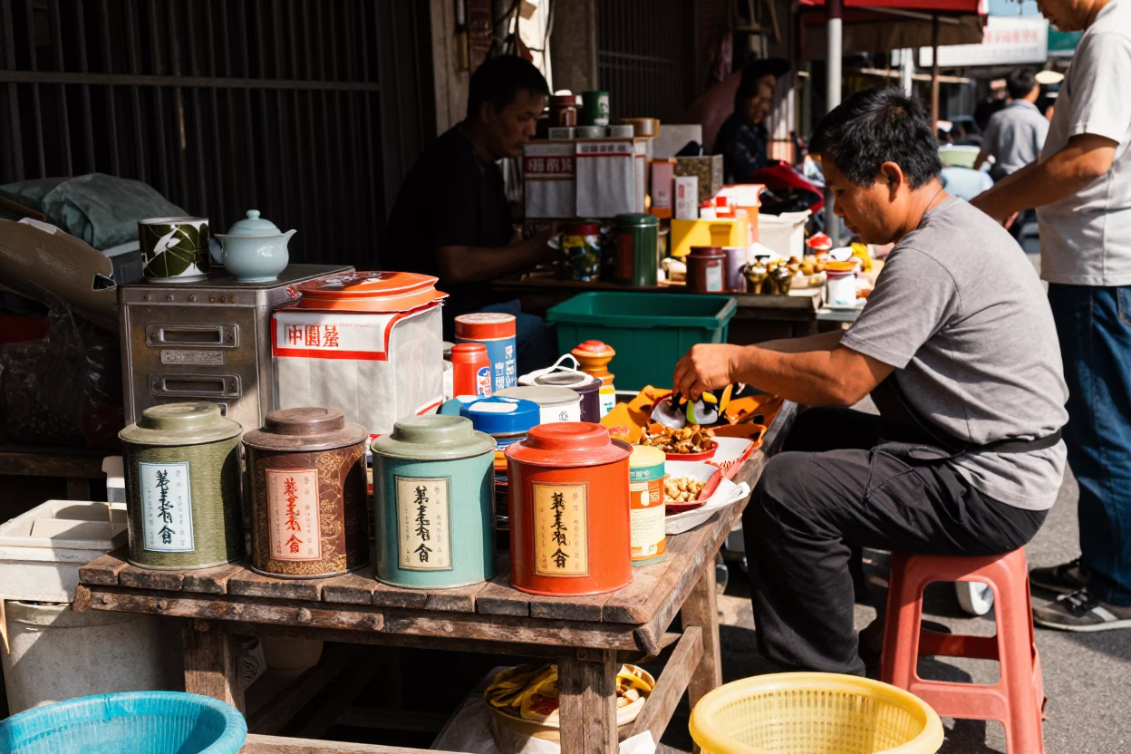 Busy 1980s Tainan Street Scene with Tea Tins and Scratched Wooden Bench in in Tainan, Taiwan
