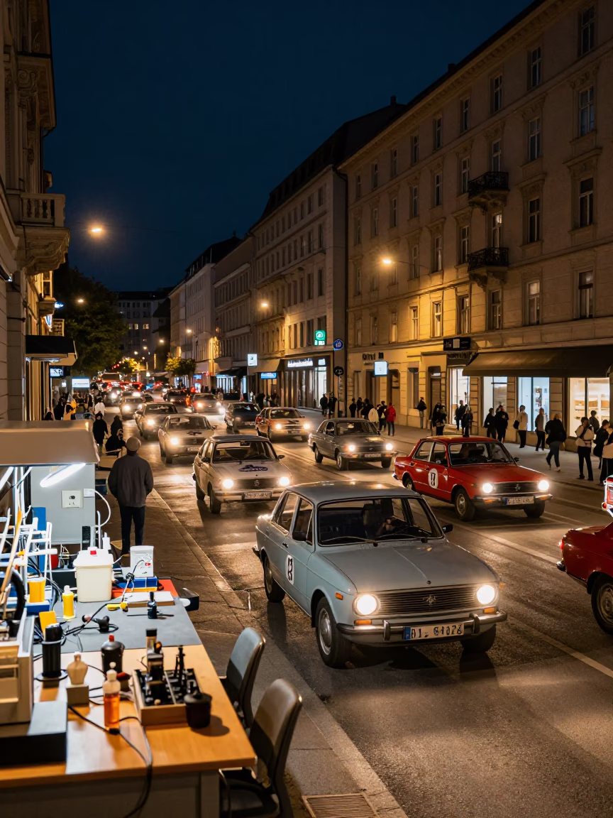 Busy 1980s Vienna Street Night Scene with Vintage Car Rally and Robotics Lab Elements in in Vienna, Austria