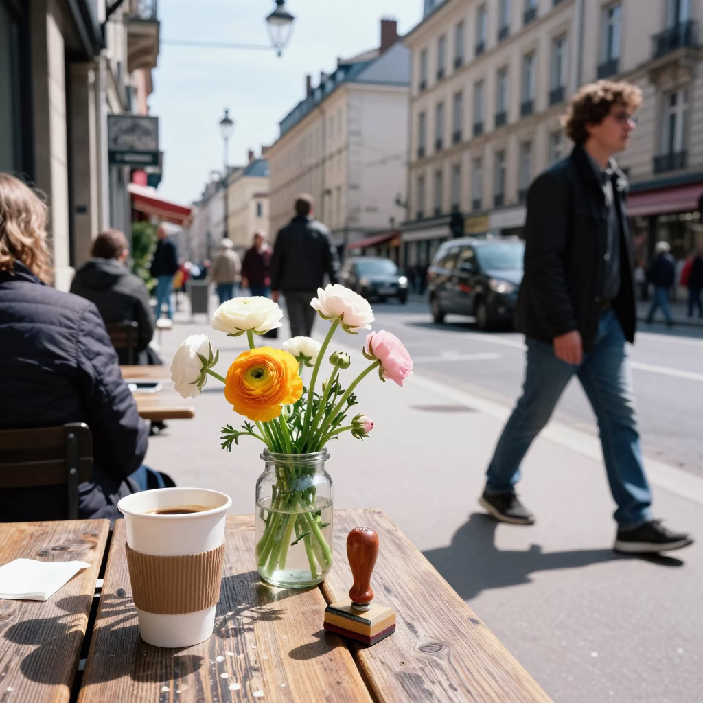 Busy 1990s Lyon Street Scene with Coffee Cup and Fossils in Midmorning Light in in Lyon, France