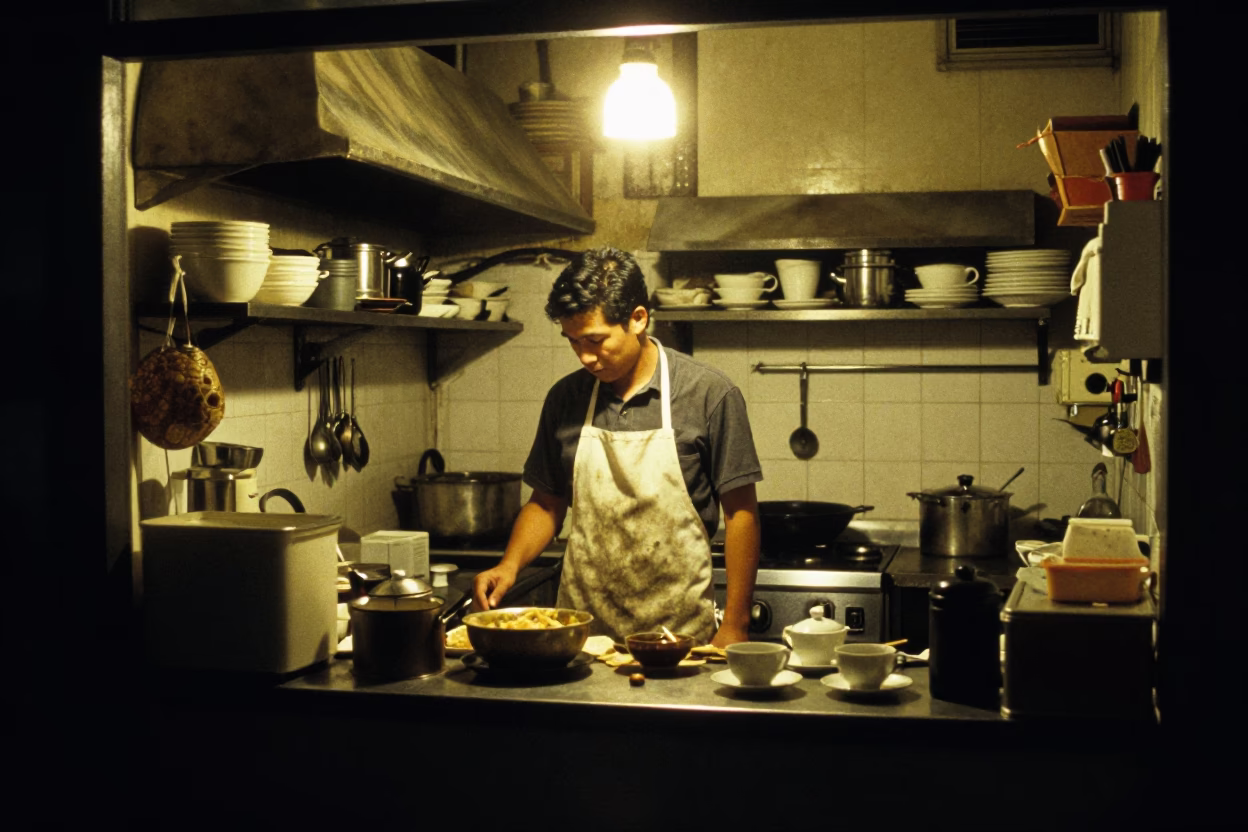 Busy 1990s Singapore Night Kitchen With Baker And Tea Stains in in Singapore, Singapore