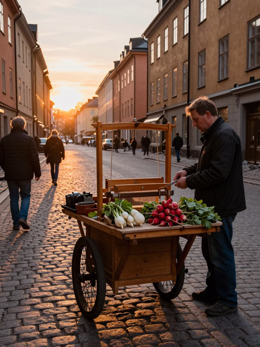Busy 1990s Stockholm Street Scene with Vintage Loom Shuttle and Radishes at Sunset in in Stockholm, Sweden