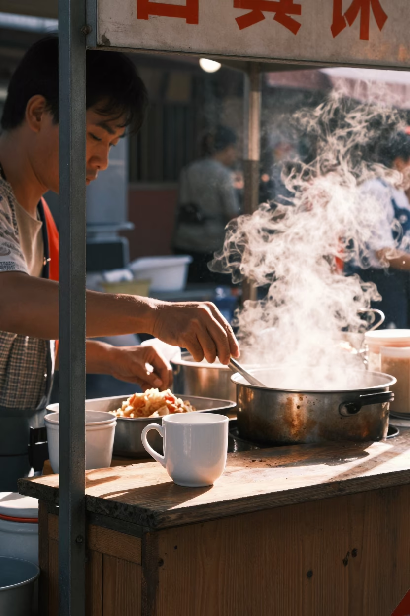 Busy 1990s Tainan Street Food Stall with Ceramic Cup and Iron Hook in in Tainan, Taiwan