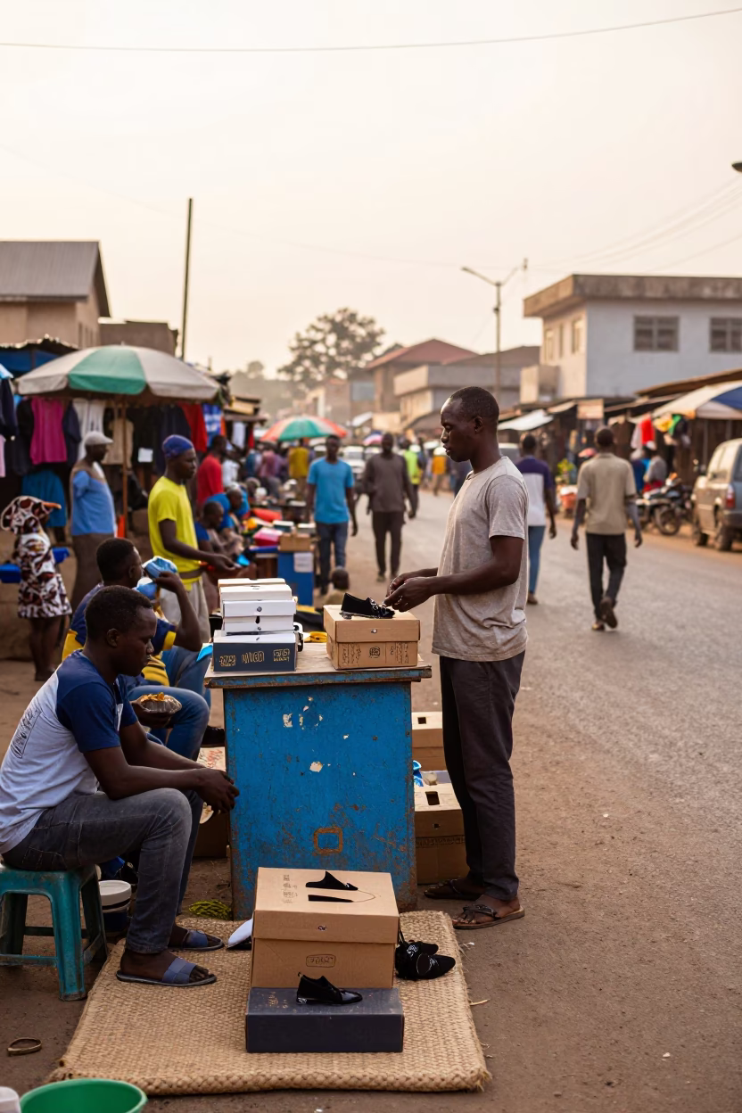 Busy Accra Ghana Dawn Street Scene with Trader and Shoebox at First Light in in Accra, Ghana