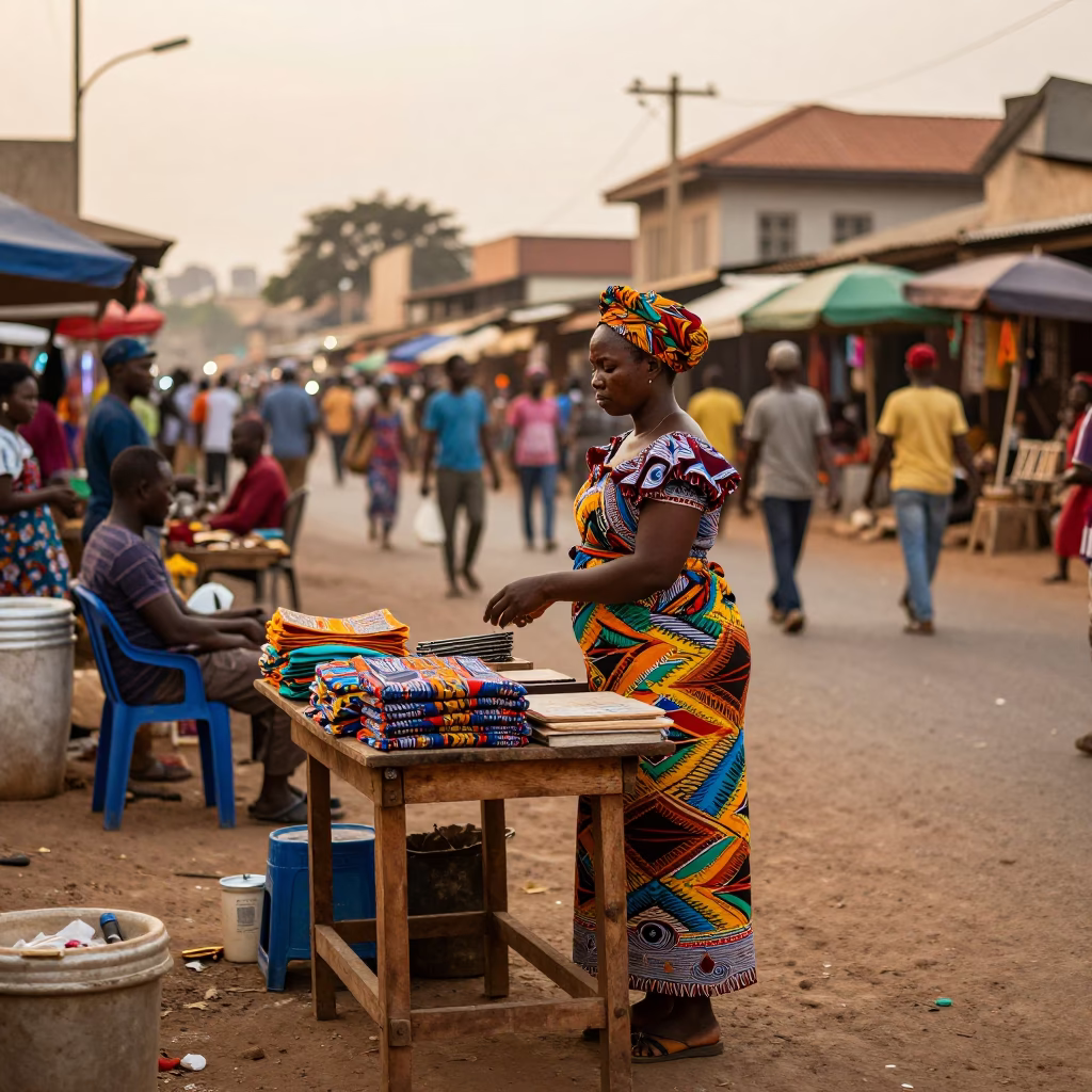 Busy Accra Ghana Early Evening Street Scene with Local Vendor and Traditional Textiles in in Accra, Ghana