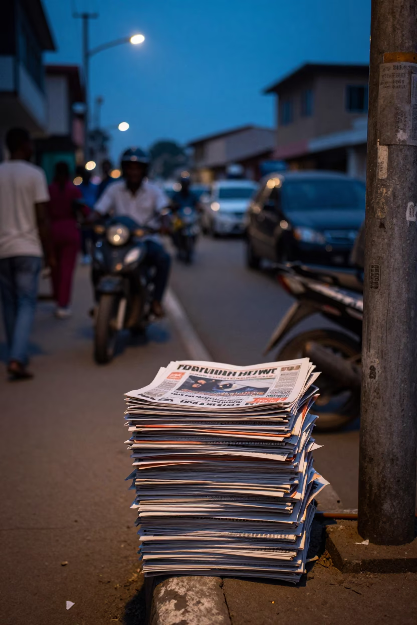 Busy Accra Ghana Evening Street Scene with Newspaper Stack and Tea Kettle in in Accra, Ghana