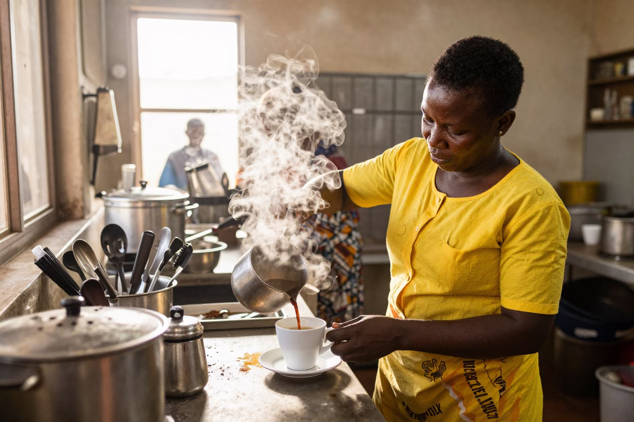 Busy Accra Ghana Kitchen Morning with Steam and Utensils in in Accra, Ghana
