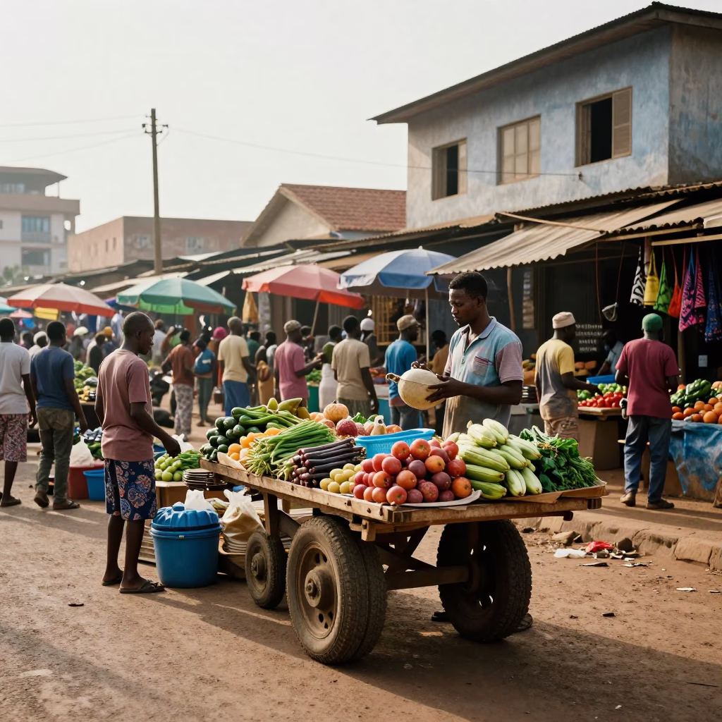 Busy Accra Ghana Market Scene Just After Sunrise with Local Street Life in in Accra, Ghana