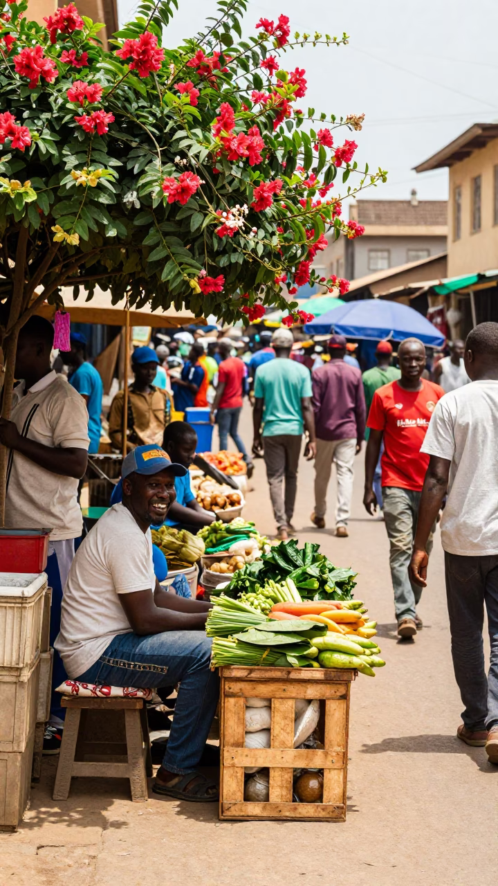 Busy Accra Ghana Midday Street Scene with Flowering Plant and Local Vendor in in Accra, Ghana