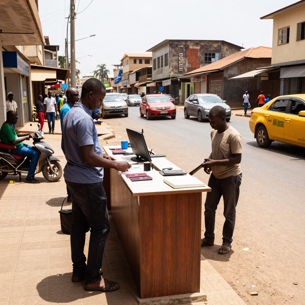 Busy Accra Ghana Midday Street Scene with Reception Desk Passports and Keycards in in Accra, Ghana