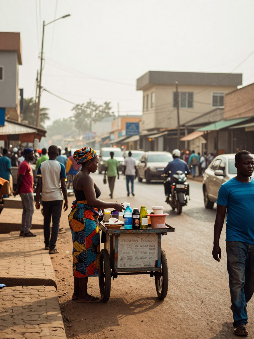 Busy Accra Ghana Morning Street Scene with Vendor and Commuters in First Light in in Accra, Ghana
