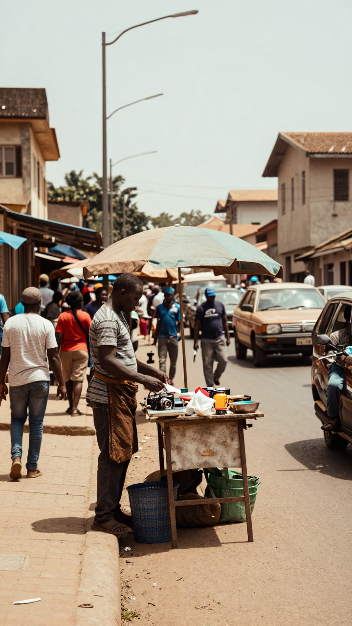 Busy Accra Ghana Noon Street Scene with Vendor and Local Details in in Accra, Ghana