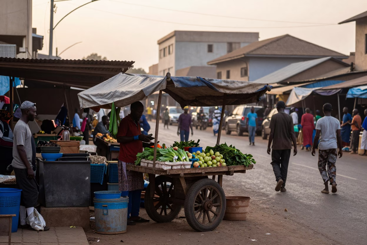 Busy Accra Ghana street corner at dawn with market vendor and pedestrian in in Accra, Ghana