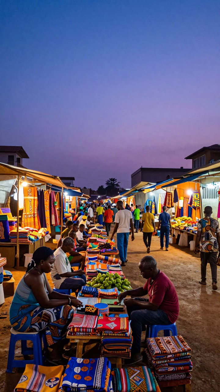 Busy Accra Ghana Street Market at Twilight with Colorful Goods and Local Activity in in Accra, Ghana