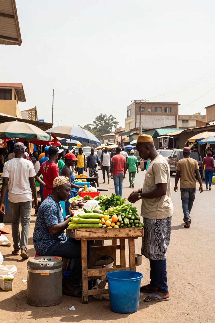Busy Accra Ghana Street Market Scene with Vendors and Shoppers in Late Morning Light in in Accra, Ghana