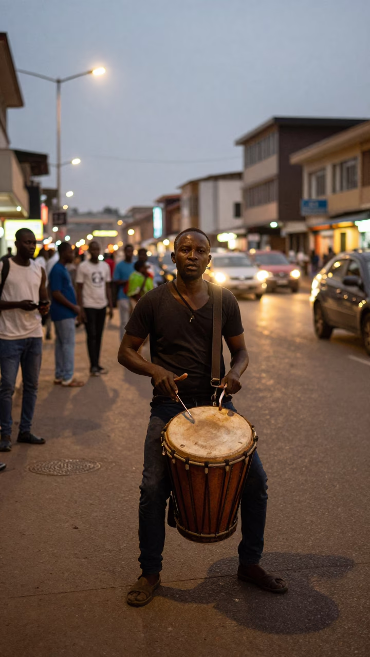 Busy Accra Ghana Street Scene at Dusk with Drum Major Leading Marching Band in in Accra, Ghana