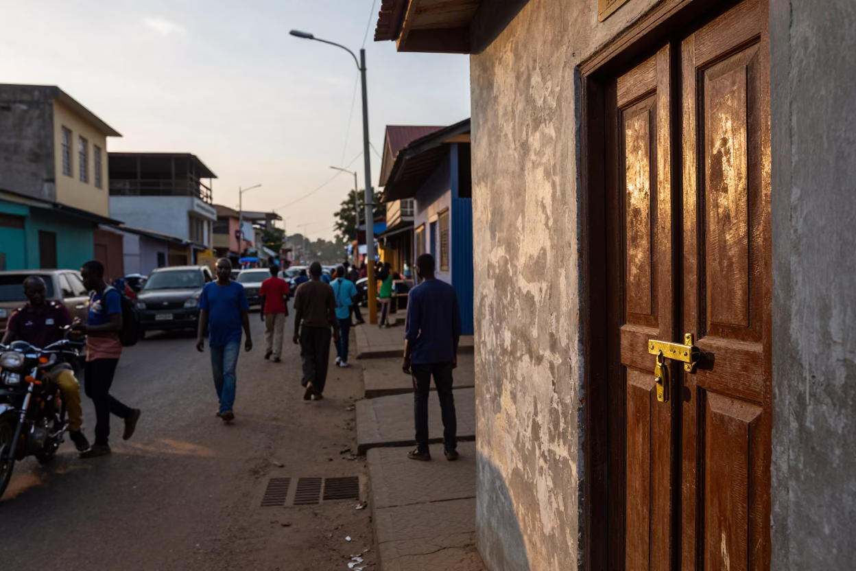 Busy Accra Ghana Street Scene at Nautical Dawn with Door Latch and Concrete Canal in in Accra, Ghana