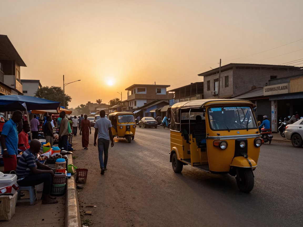 Busy Accra Ghana street scene at sunset with vendors and traffic in in Accra, Ghana