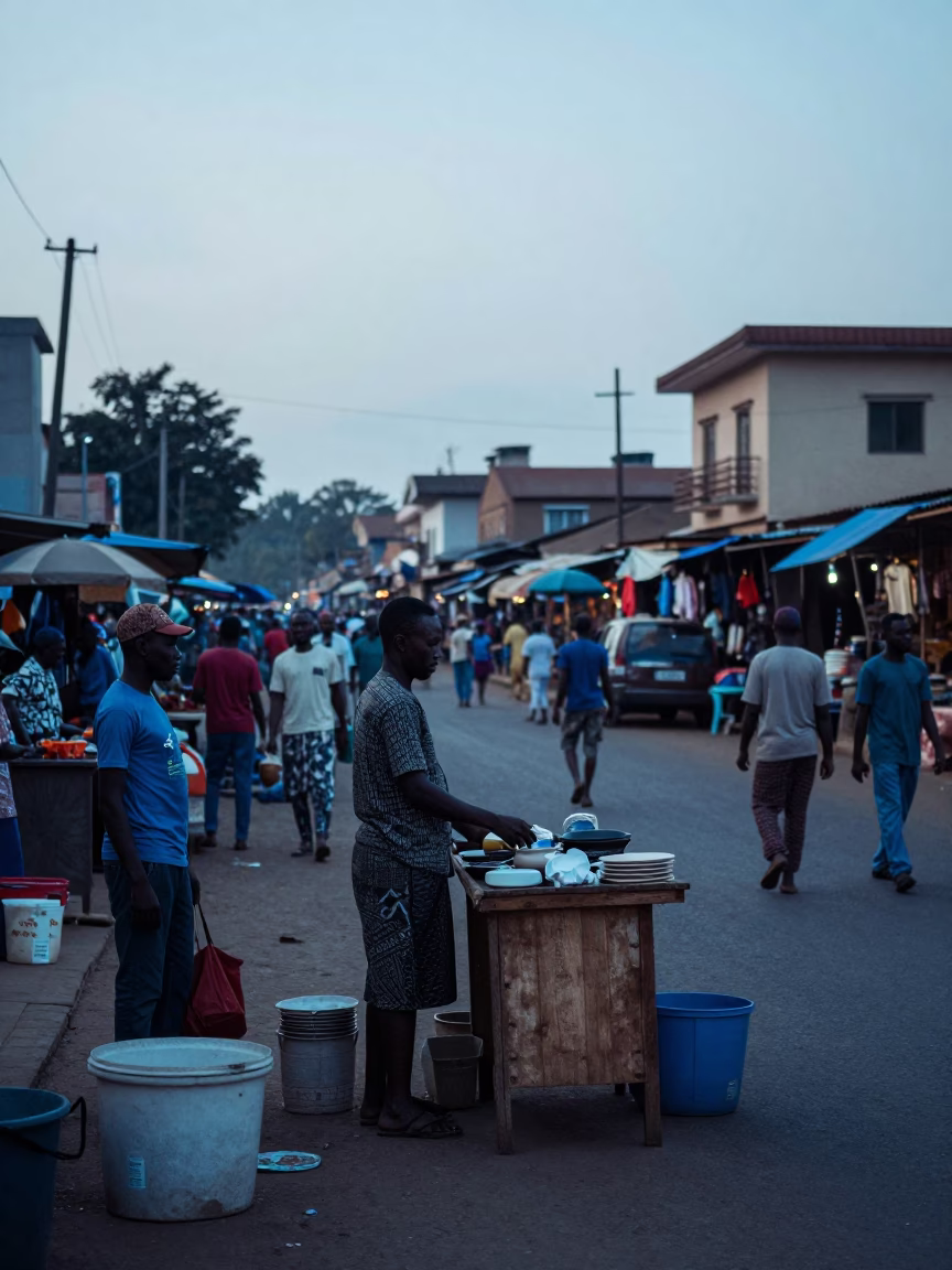 Busy Accra Ghana Street Scene Before Sunrise with Local Market Activity and Morning Light in in Accra, Ghana