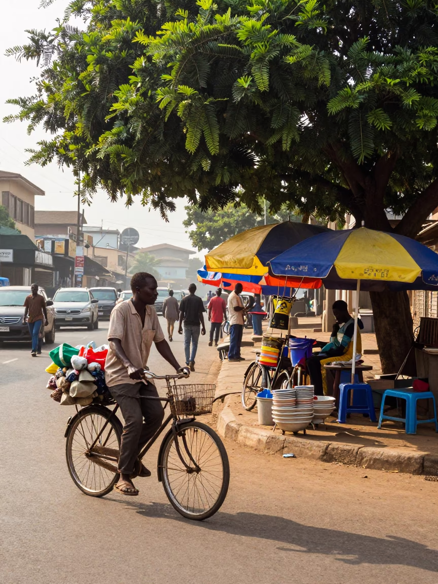 Busy Accra Ghana Street Scene Just After Sunrise With Bicycle And Umbrellas in in Accra, Ghana
