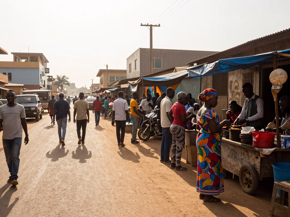 Busy Accra Ghana Street Scene Late Afternoon Light with Local Market Activity in in Accra, Ghana