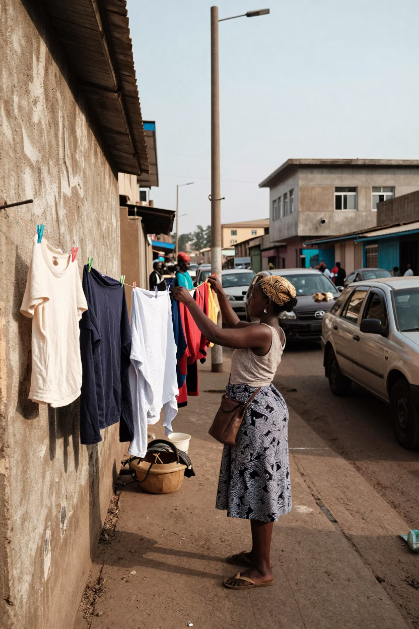 Busy Accra Ghana Street Scene Late Morning with Laundry and Urban Life in in Accra, Ghana