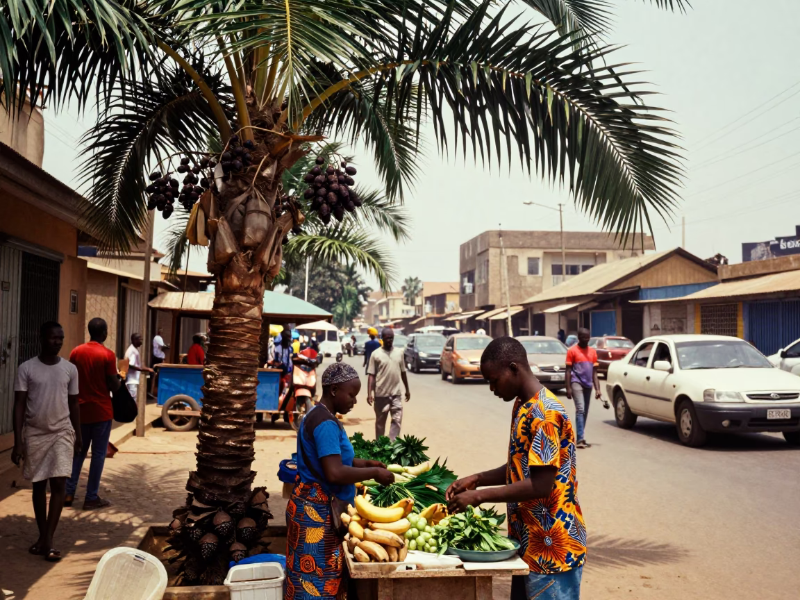 Busy Accra Ghana Street Scene Midday with Acai Palm and Local Commerce in in Accra, Ghana