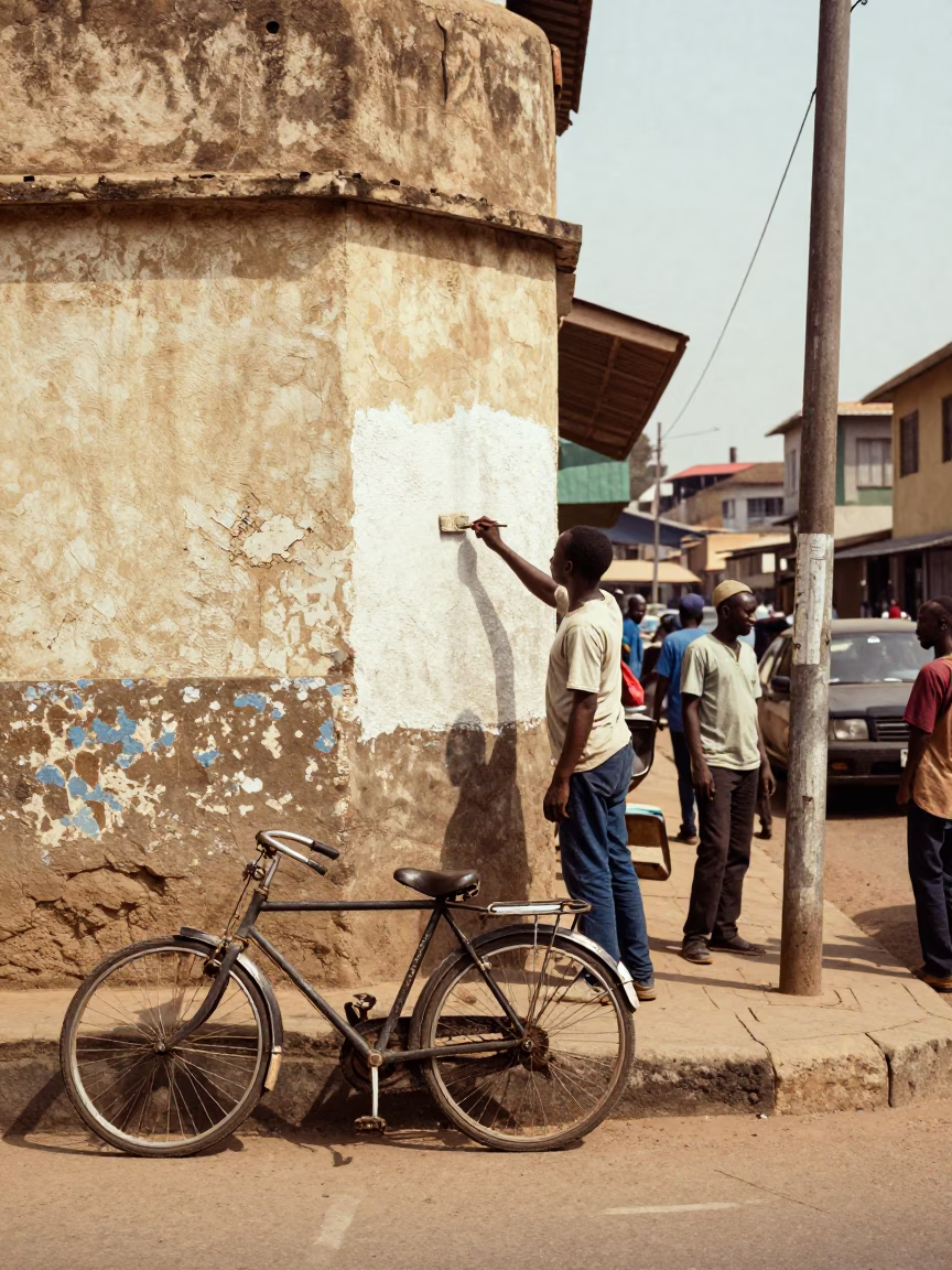 Busy Accra Ghana Street Scene Midday with Painter Whitewashing Wall and Vintage Bicycle in in Accra, Ghana
