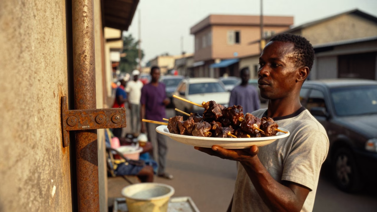 Busy Accra Ghana Street Scene with Anticuchos and Rusty Latch in Evening Light in in Accra, Ghana