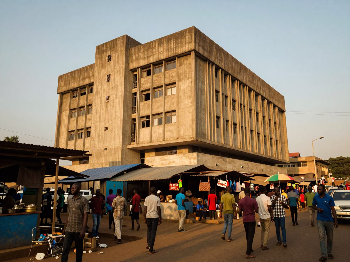 Busy Accra Ghana Street Scene with Concrete Brutalist Building and Evening Light in in Accra, Ghana