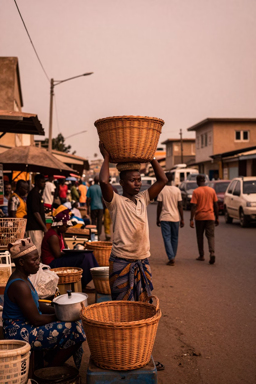 Busy Accra Ghana Street Scene with Wicker Basket and Saucepan in Copper Dusk Light in in Accra, Ghana