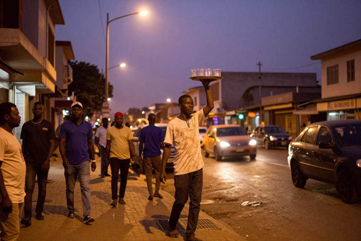 Busy Accra Ghana Twilight Street Scene with Glass Tumblers and Patterned Rug in in Accra, Ghana