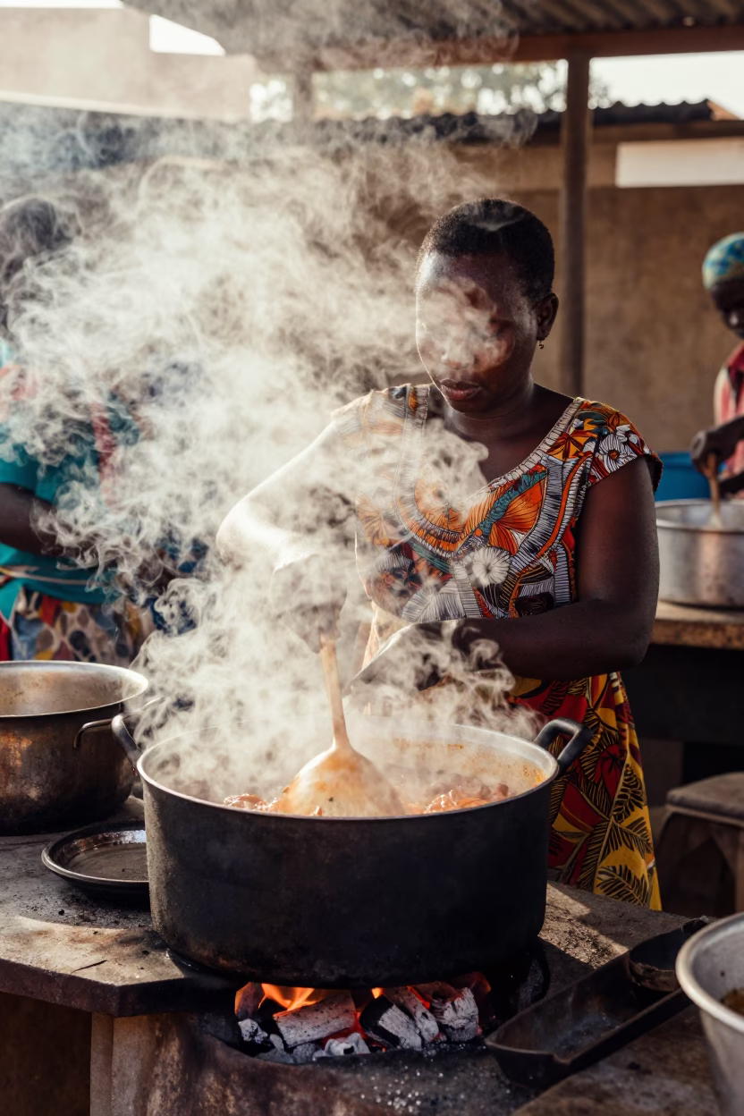Busy Accra Kitchen Scene with Steam and Local Cooking Utensils in in Accra, Ghana