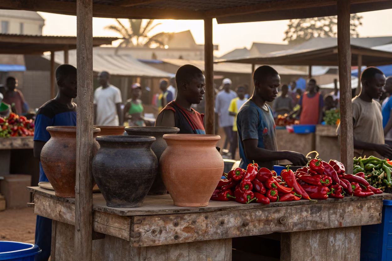 Busy Accra Market Stall at Dawn with Stoneware Crocks and Local Commerce in in Accra, Ghana