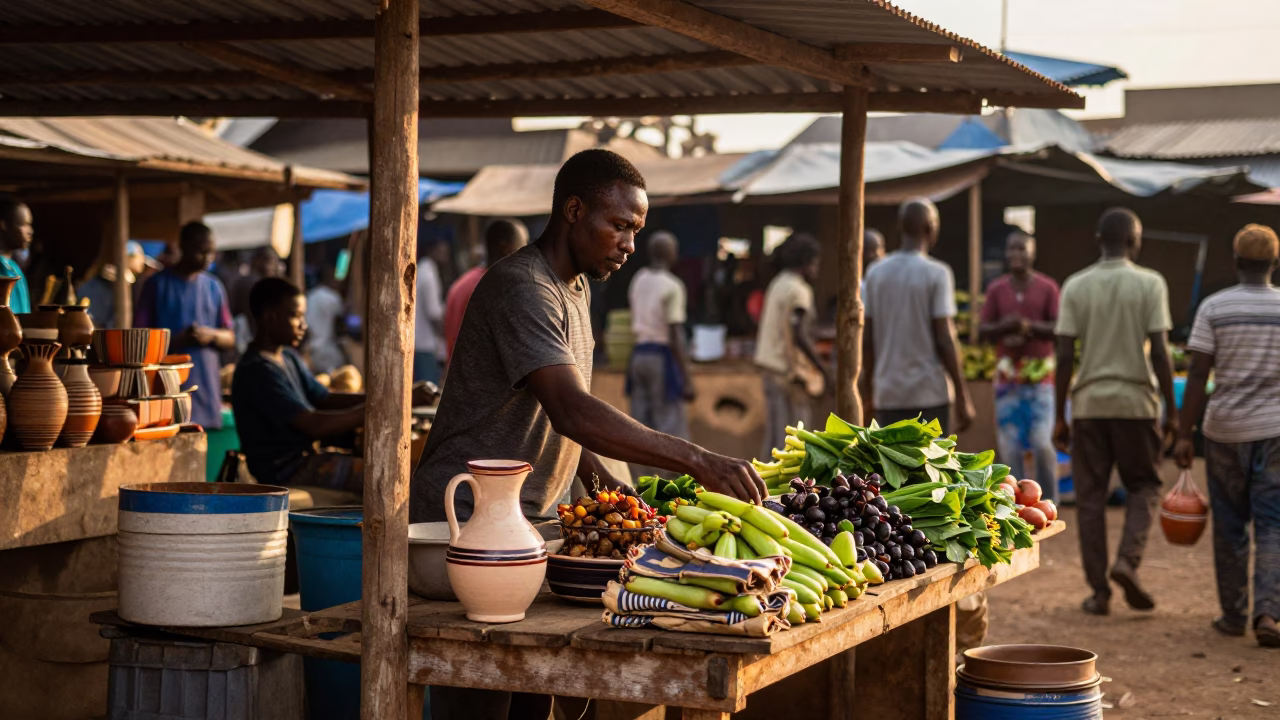 Busy Accra Market Stall at Nautical Dawn with Ceramic Pitcher and Wicker Shadow in in Accra, Ghana
