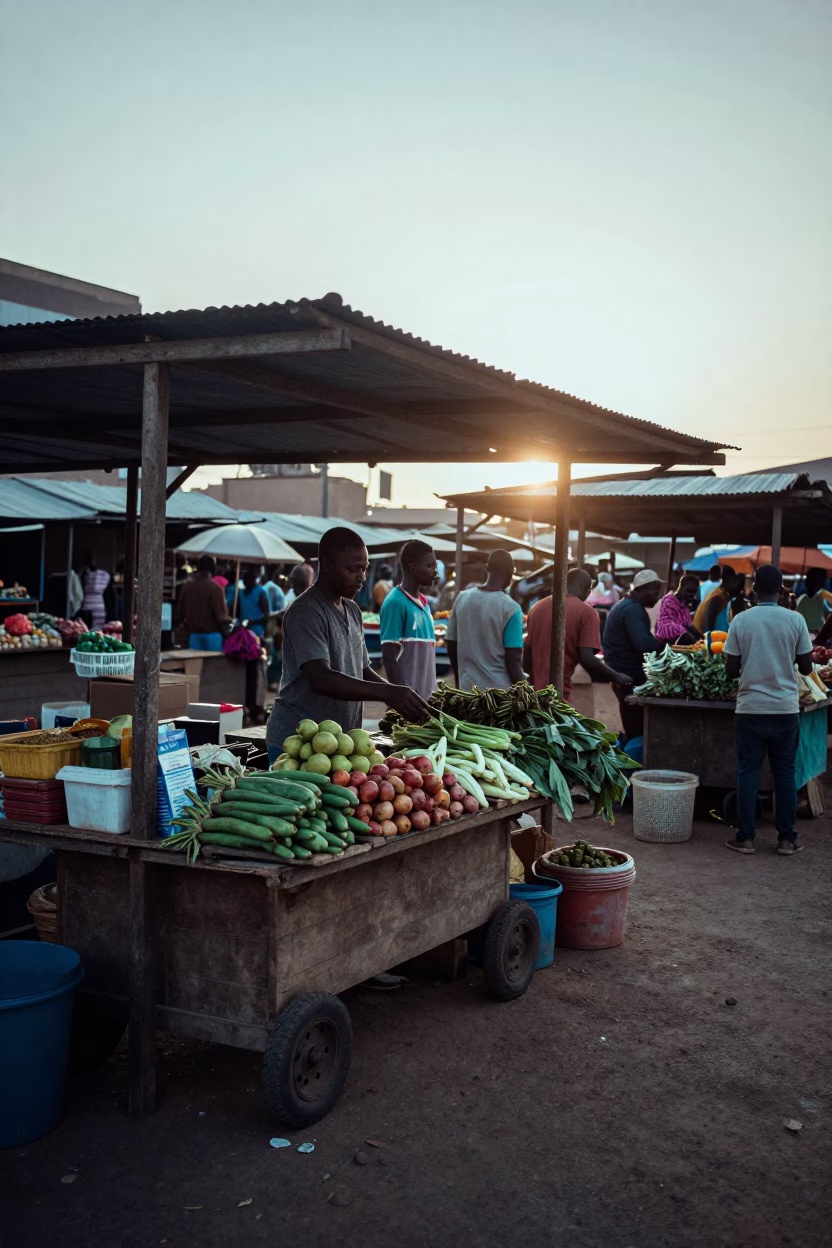 Busy Accra Market Stall with Rolling Carts Before Sunrise in Ghana in in Accra, Ghana