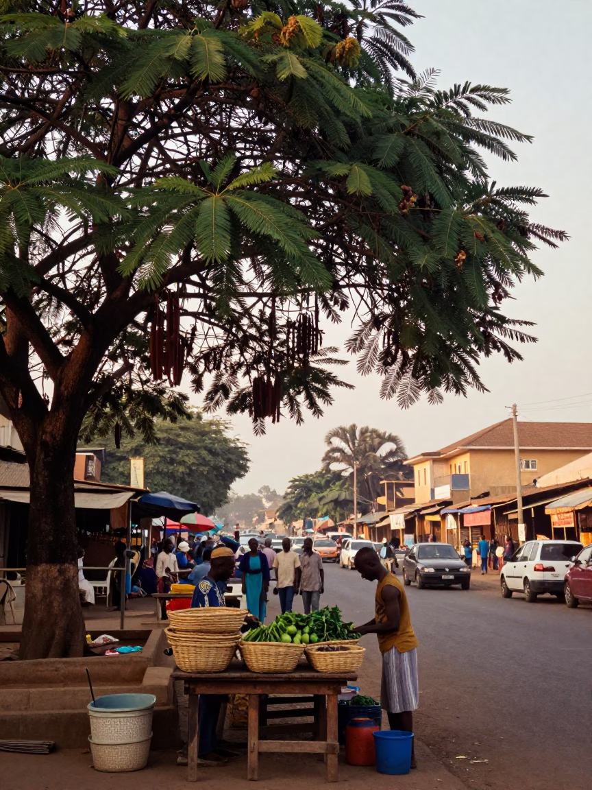 Busy Accra Market Street at Dawn with Tamarind Tree and Local Commerce in in Accra, Ghana