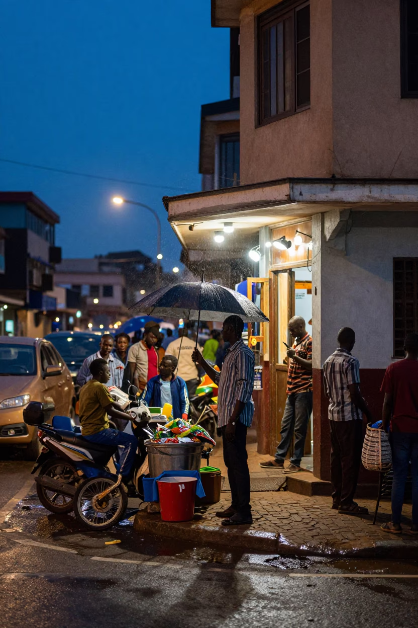 Busy Accra Street Corner at Blue Hour with Local Vendor and Pedestrians in in Accra, Ghana