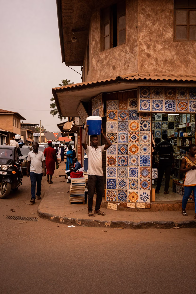 Busy Accra Street Corner at Dusk with Cooler Jug and Ceramic Tiles in in Accra, Ghana