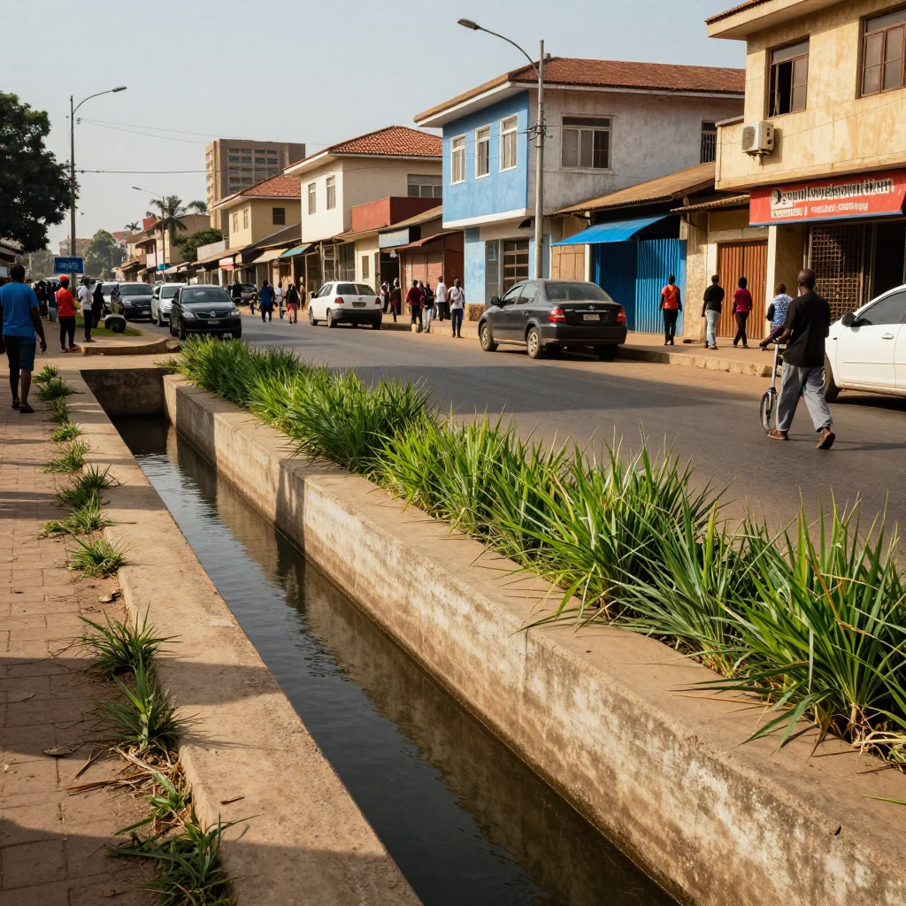 Busy Accra Street Corner in Early Afternoon with Concrete Canal and Local Activity in in Accra, Ghana