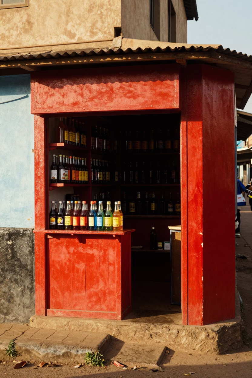 Busy Accra Street Corner Shop with Red Lacquered Wood and Glass Bottles in in Accra, Ghana